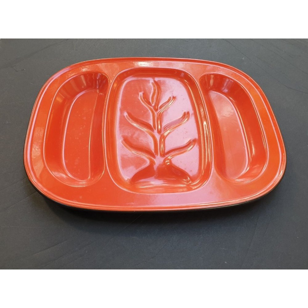 Vintage Orange Metal Enamel Meat Tray Platter Retro Decor